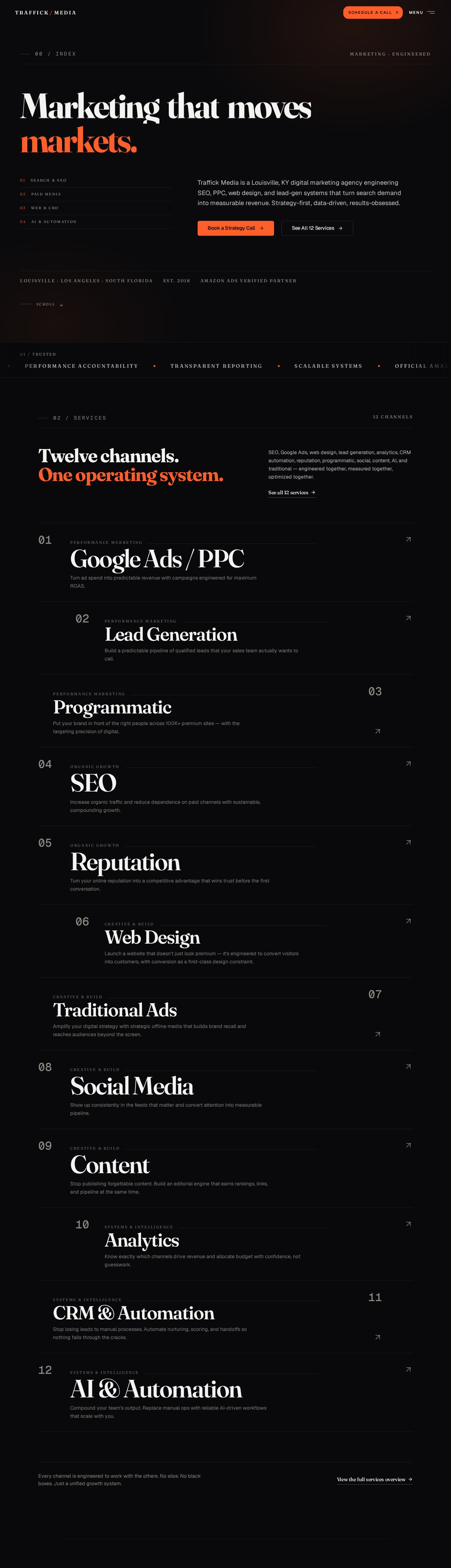Traffick Media website, full page