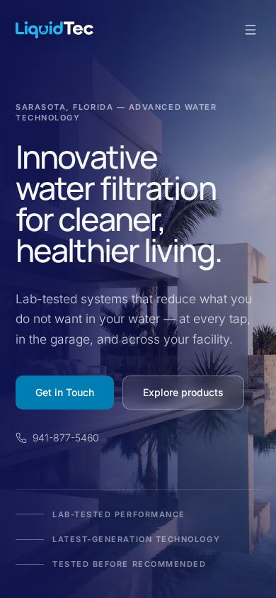 Liquid Tec website, phone view