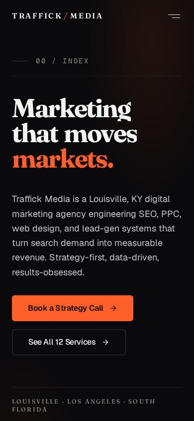 Traffick Media website, phone view