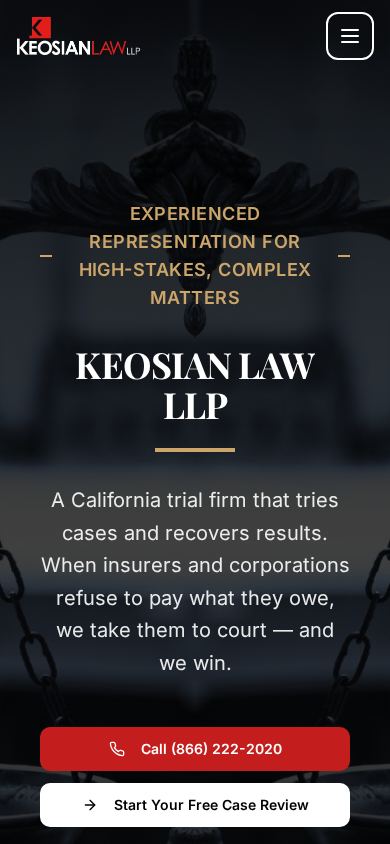 Keosian Law website, phone view
